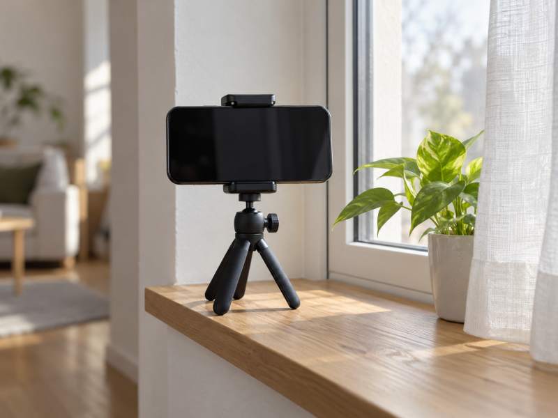 A phone on a small tripod on a sunny windowsill